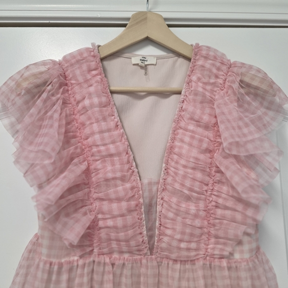Peasant Dress Large Blue Pink Gingham Ruffled Dress Size Medium Sheer Romantic - Picture 8 of 10